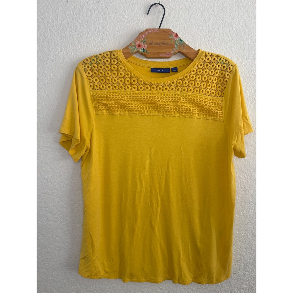 Apt. 9 Top Size L Yellow Crochet Lace Yoke Short Sleeve Rayon Blend Tee